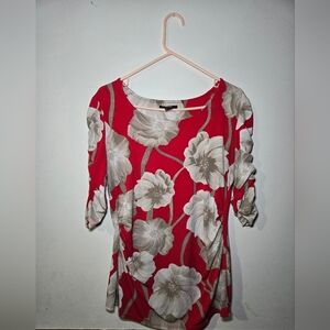 Alfani Womens Top Medium Red Floral Blouse Rushed 3/4 Length Sleeves
